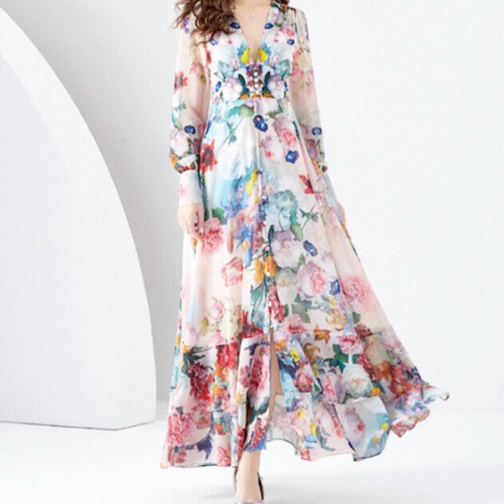 NWT Dalia MacPhee Floral Garden French Country Style Feminine Maxi Dress - Picture 13 of 16